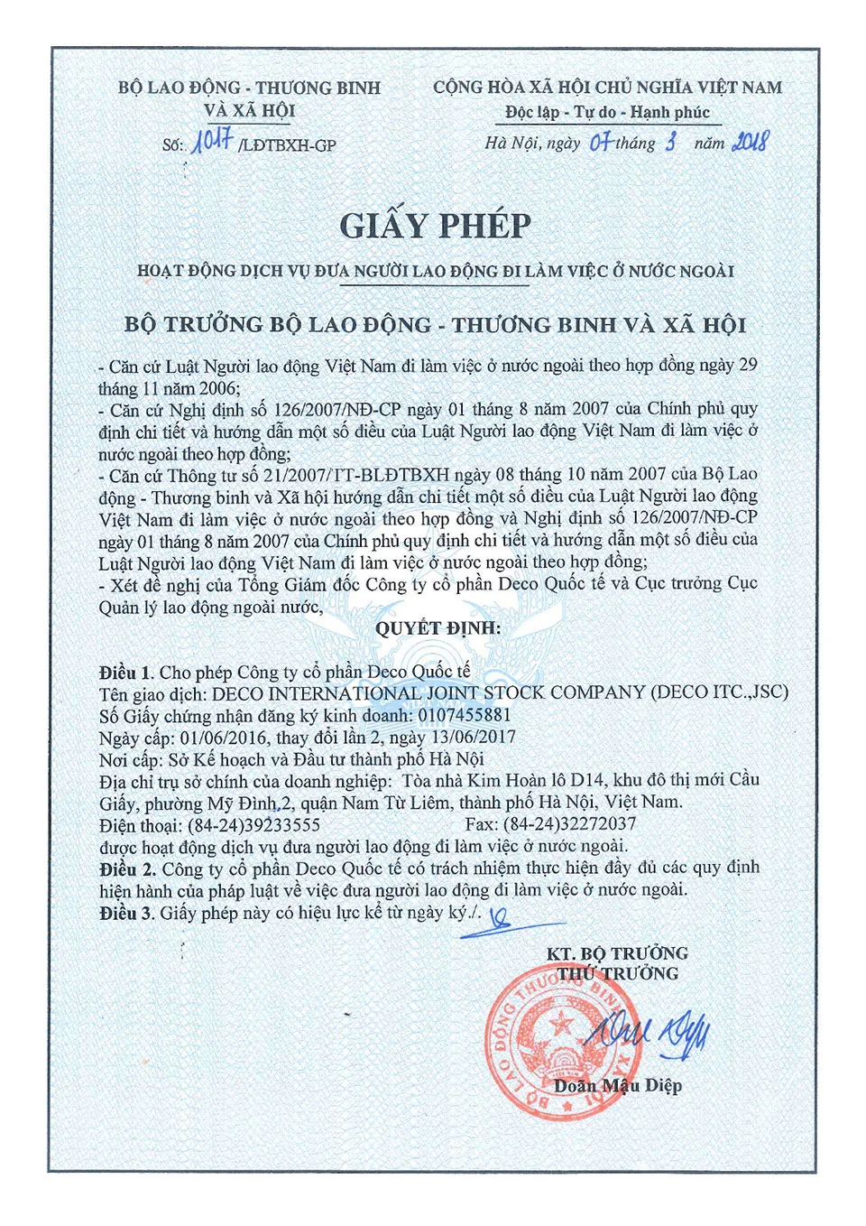 GIẤY PHÉP HOẠT ĐỘNG DỊCH VỤ ĐƯA NGƯỜI LAO ĐỘNG ĐI LÀM VIỆC Ở NƯỚC NGOÀI CỦA BỘ LĐ-TB & XH